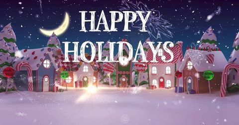 Candy-Cane Village Under Crescent Moon Happy Holidays Winter Wonderland Gingerbread Cottages