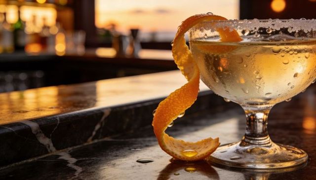 Sunset coupe cocktail with salted rim and spiraled orange twist on marble bar, golden glow