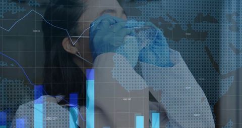 Scientist analyzing liquid with data visualization overlay in laboratory