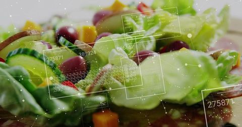 Augmented Reality Salad Displaying Nutrition Readouts Over Fresh Lettuce and Vegetables