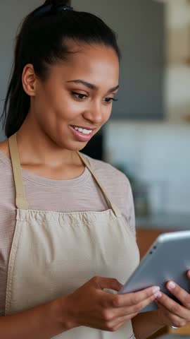 Smiling woman in beige apron tapping tablet and confirming order in kitchen — vertical video