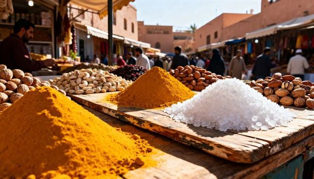 Sunlit moroccan market display featuring golden turmeric salt crystals and mixed nuts