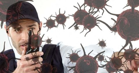Man With Walkie Talkie Amid Coronavirus Illustration