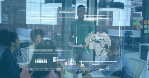Presenting team analyzing global data dashboard with holographic charts in modern office