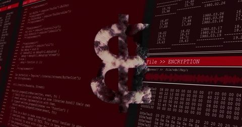 Smoking Bitcoin Symbol Over Red Encrypted Code and Hex Dump Representing Cybercrime Threat