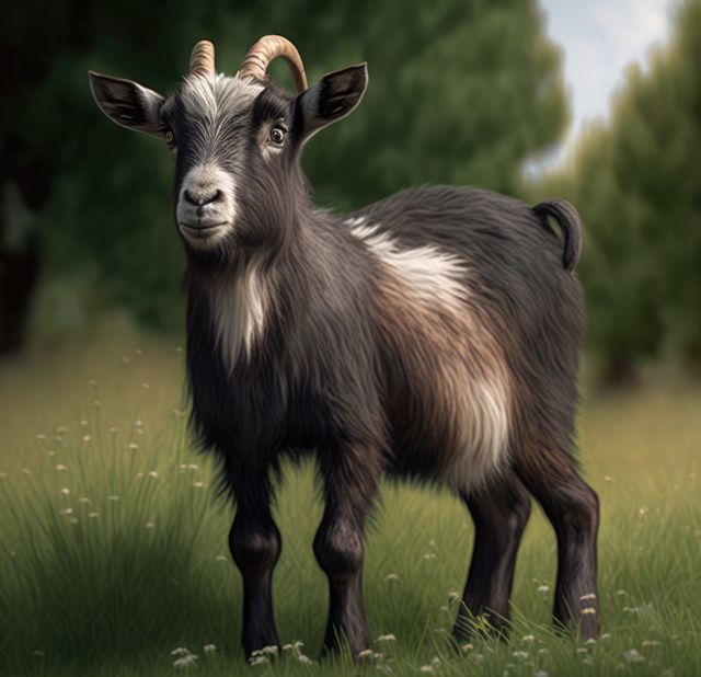 Black and white goat standing on grass outdoors. Suitable for themes related to agriculture, rural life, wildlife, livestock, and nature. Can be used in educational materials, farming articles, children's books, or petting zoo promotions.