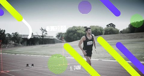 Sprint Athlete Racing on Track with Bright Geometric Overlays