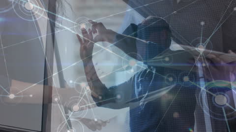 Diverse Executive Using VR Headset with Digital Network Overlay