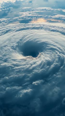 Vertical Satellite-View Video Showing Rotating Hurricane Eye and Spiraling Cloud Bands