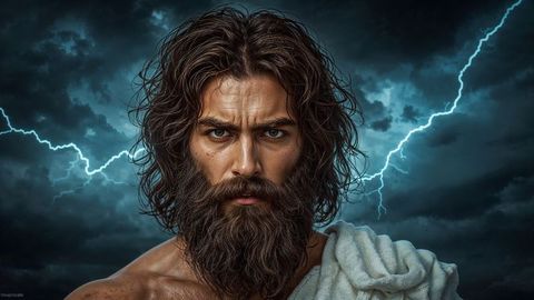 Bearded Man Amid Stormy Backdrop with Lightning Bolts Drama
