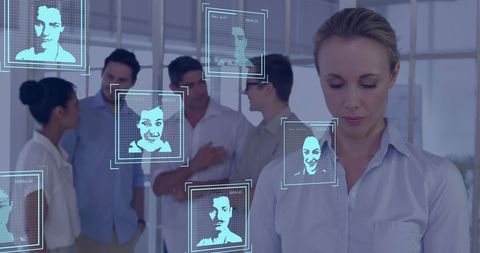 Portraits with Digital Face Recognition Interface in Modern Office