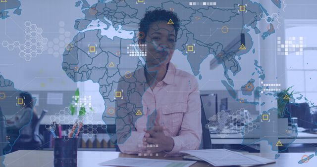 Businesswoman Smiling with World Map and Data Graphics Overlay - Download Free Stock Images Pikwizard.com