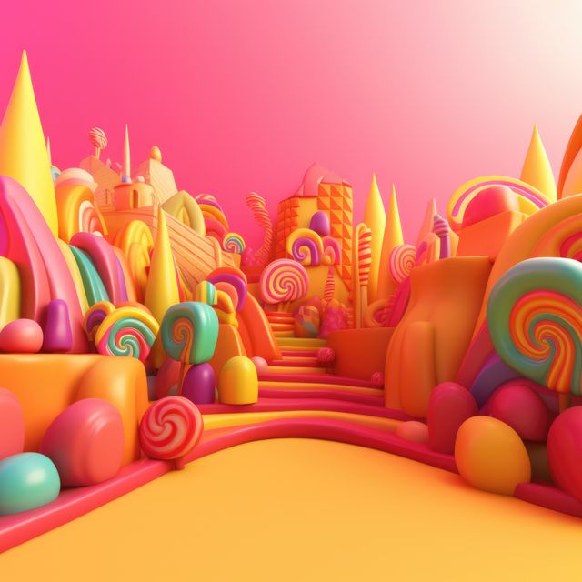 General view of colourful candyland in pastel colours, created using generative ai technology. Candyland, fairytale, colours and background concept digitally generated image.