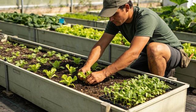 Greenhouse gardener transplanting lettuce seedlings into raised beds, sustainable urban farming