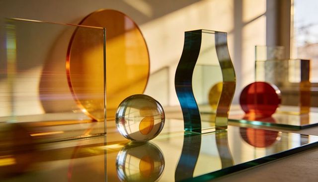 Translucent glass sculptures reflecting warm sunlight with colorful prism refractions