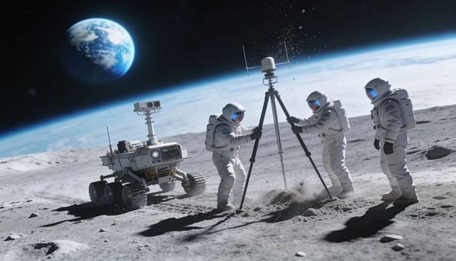 Astronauts Deploying Scientific Tripod on Lunar Surface Near Rover with Earthrise