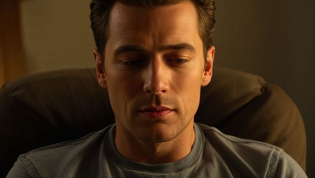 Contemplative young man in armchair with warm side light, moody cinematic closeup portrait