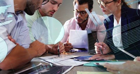 Team Analyzing Financial Data with Futuristic Connections Overlay