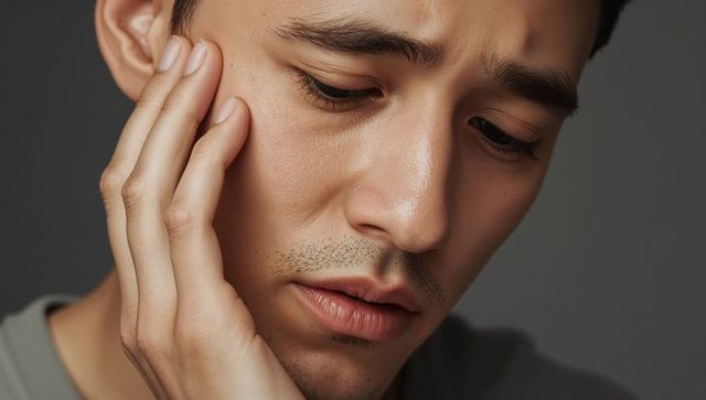 Contemplative Asian Man Touching Jawline Close-up Stubble Skin Texture Portrait