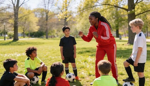 Female coach leading youth soccer drill in park with kids, outdoor team training