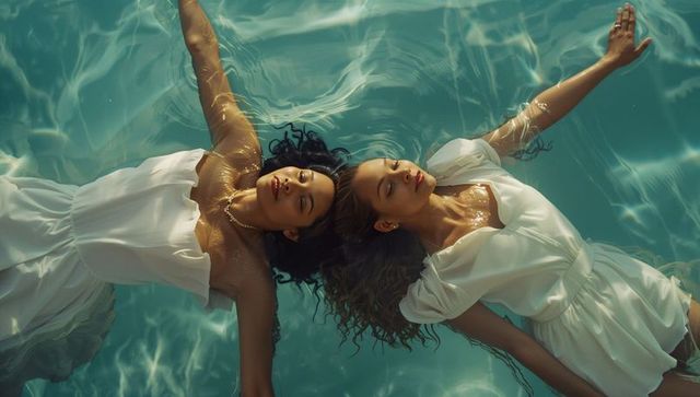 Sunlit serenity floating two women head-to-head in turquoise pool wearing sheer white dresses