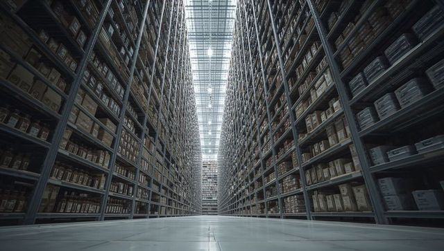 Endless high-bay warehouse aisle stretching into distance with symmetrical steel racks