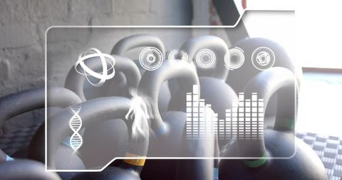 Matte Black Kettlebells with Futuristic Fitness HUD Overlay for Smart Gym Training