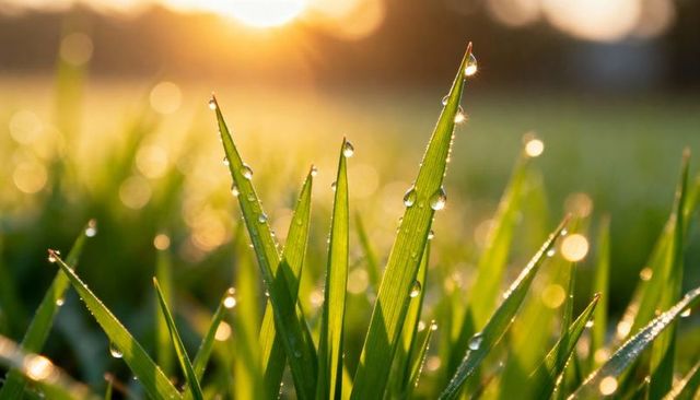 Dew-covered grass blades catching golden sunrise light with glowing bokeh