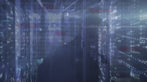Cybersecurity Concept Showing Hacker Inside Server Room
