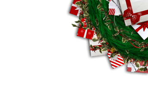 Perfect for holiday projects, this festive Christmas wreath with traditional green pine needles and red and white gift accents creates an inviting, seasonal atmosphere. Ideal for digital designs, greeting cards, or adding a festive touch to websites, providing a seamless integration into various backgrounds.