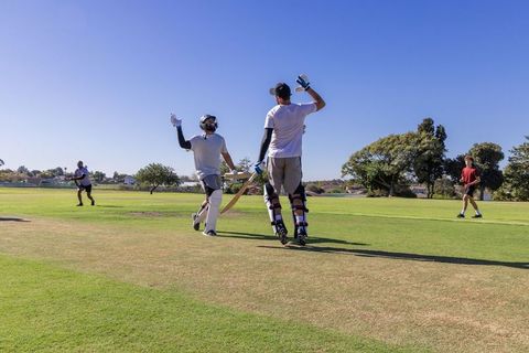 Diverse teammates celebrating run while walking along sunny suburban cricket pitch