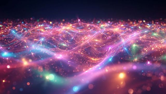 Neon Particle Wave Field with Glowing Filaments and Sparkling Bokeh for Futuristic Designs