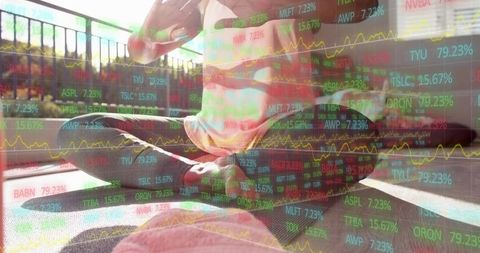 Stretching senior woman practicing yoga on balcony mat with financial overlay for wellness