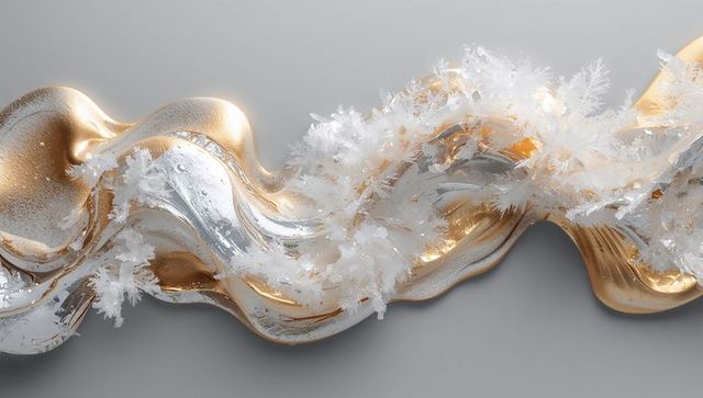 Gold silver metallic ribbon flowing with frosted crystal fronds, abstract luxury wave