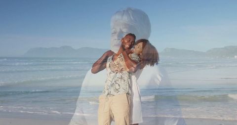 Couple Embracing on Beach with Nostalgic Memories