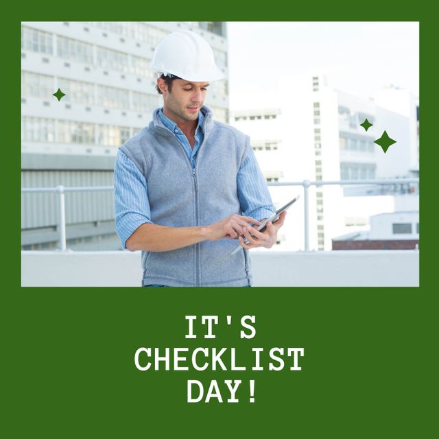 Composition of checklist day text over caucasian male worker with tablet. Checklist day and celebration concept digitally generated image.