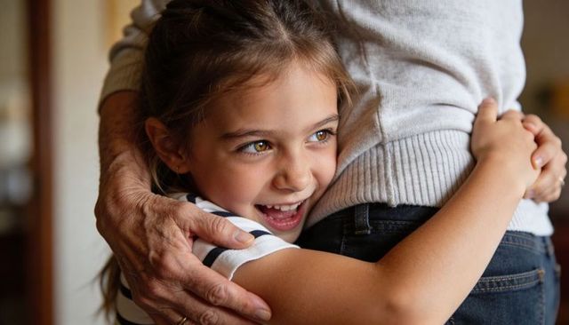 Joyful young girl hugging grandparent in warm family embrace, multigenerational bond