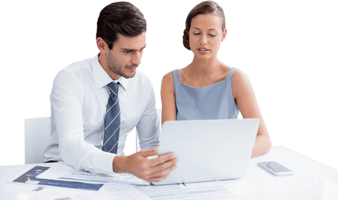 Group of business professionals collaborating over a project. Perfect for transmitting concepts of teamwork, corporate strategy, or office dynamics in presentations and marketing materials.