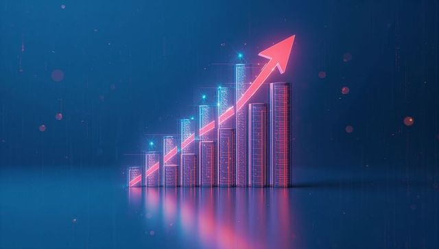 Futuristic neon bar chart with ascending pink arrow in digital data space