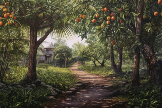 Mango trees with fruit in nature, created using generative ai technology. Tropical fruit, fruit tree and nature concept digitally generated image.