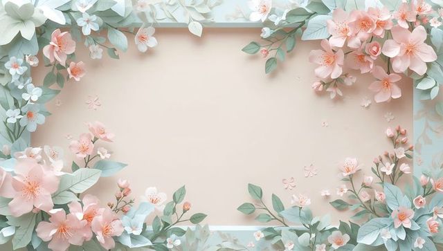 Pastel paper-cut floral frame with blank rectangular panel for spring invitations, cards