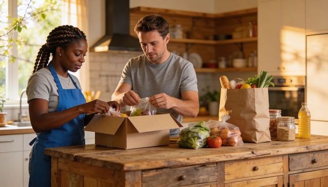 Couple packing fresh groceries into cardboard box on sunlit rustic kitchen island together