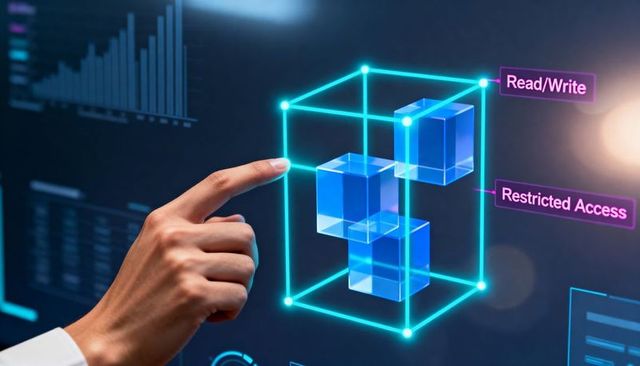 Holographic cubes neon wireframe interface with finger touch security control overlay