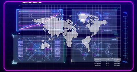 Neon futuristic hud dashboard with dotted world map, analytics panels & radar interface