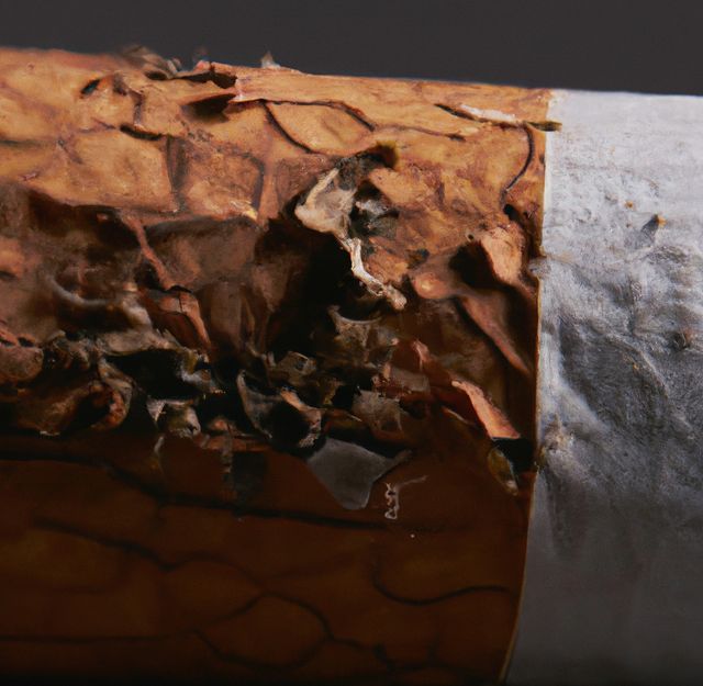 Close up of cigarette on black background with copy space. Tobacco addiction and cigarette smoking concept.