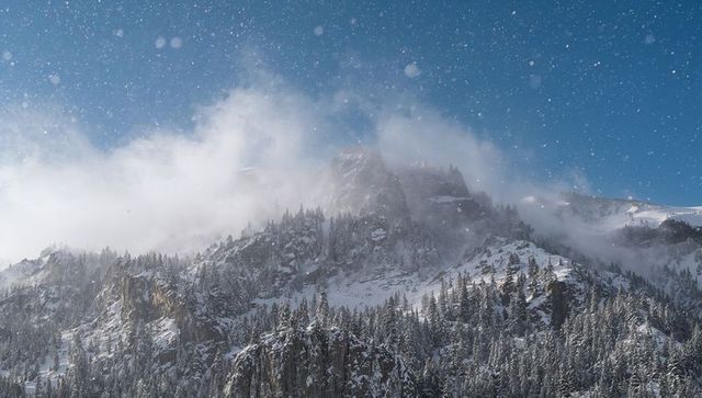 Snowflakes Dusting Alpine Mountain Ridge, Pine Forest and Misty Blue Sky Panorama