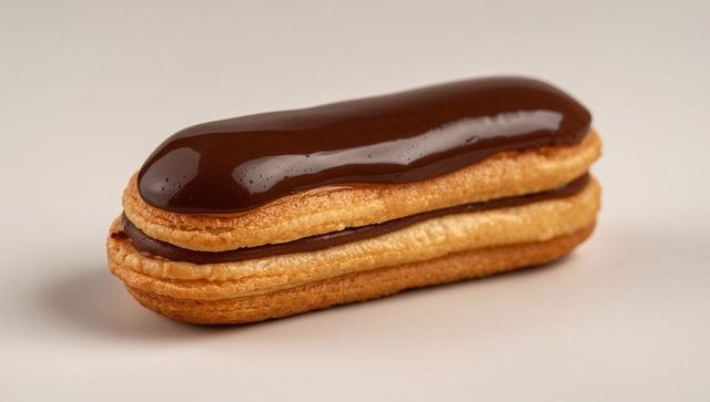 Glossy chocolate éclair on neutral background close-up showing layered pastry and filling