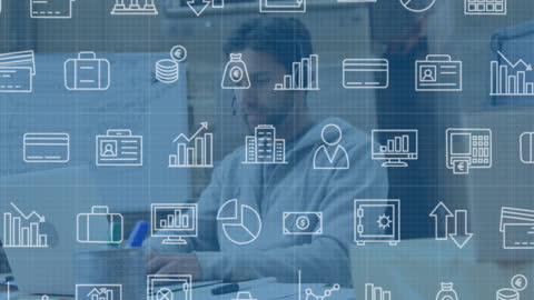 Analyst Working with Data and Digital Finance Icons