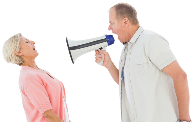 Transparent image of man with megaphone shouting at annoyed woman - Download Free Stock Videos Pikwizard.com