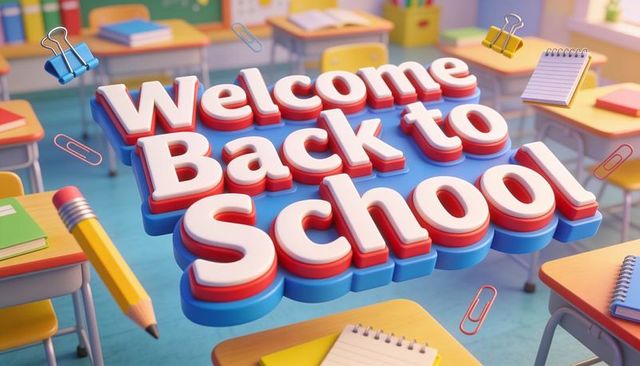 Welcome back to school 3d floating sign over colorful elementary classroom desks